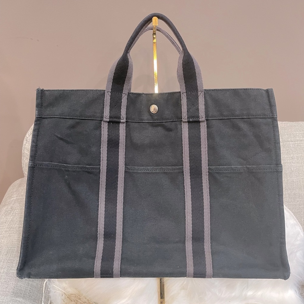 Hermes - Large Black Toile Fourre-Tout Canvas Tote